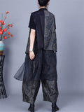 Women's Mesh Patchwork Sleeveless Top Elastic Waist Pants Set