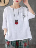 Chest Pocket Flower Embroidery Half Sleeve Loose Shirt for Women