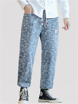 Loose Elastic-waist Printed Jeans