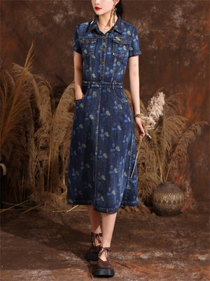 Lady Temperament Printed Lapel Metal Button Denim Dresses