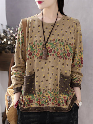 Cute Floral Pullover Long Sleeve Knitted Shirts for Women