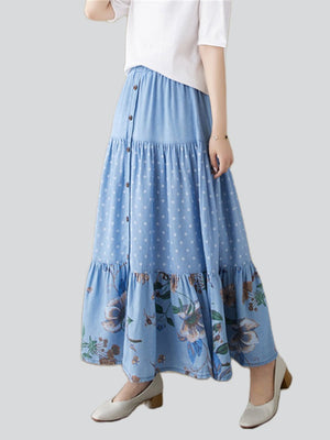 Women's Gentle Polka Dot Flower Print Pleated Denim Skirt