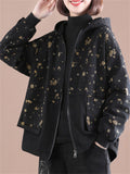 Black Hooded Printed Zipper Jackets for Ladies