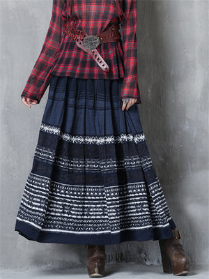 Elstic-waist Pleated Skirt Embroidery Long Skirt