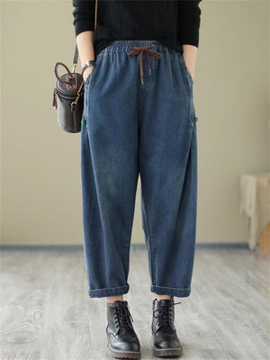 Leisure Washed Baggy Drawstring Jeans for Women