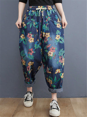 Drawstring Elastic Waist Floral Printed Jeans