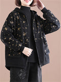 Black Hooded Printed Zipper Jackets for Ladies