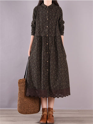 Spring Long Sleeve Floral Linen Dress