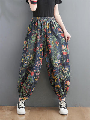 Retro Flowers Printed Bloomers Loose Jeans