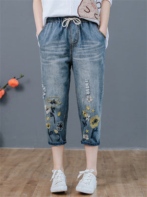 Casual Cropped Pants Elastic-waist Jeans