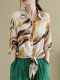 Retro Comfy Contrast Color Lapel 3/4 Sleeve Shirts