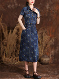 Lady Temperament Printed Lapel Metal Button Denim Dresses