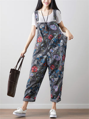 Fashion Loose Flowers Printed Denim Jumpsuits