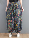 Retro Flowers Printed Bloomers Loose Jeans