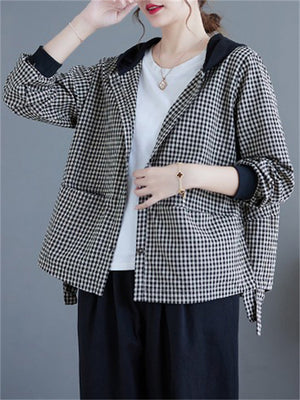 Women's Grid Vintage Daily Wear Hooded Slimming Jackets