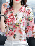 Comfy Floral Printed Lace-up Chiffon Shirts