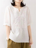 V-neck Embroidery Linen Shirts