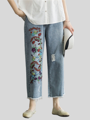 Cotton Delicate Embroidered Long Girls Jeans