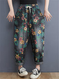 Drawstring Elastic Waist Floral Printed Jeans