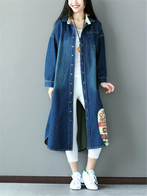 Retro Lapel Denim Long Jacket With Pocket