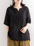 V-neck Embroidery Linen Shirts