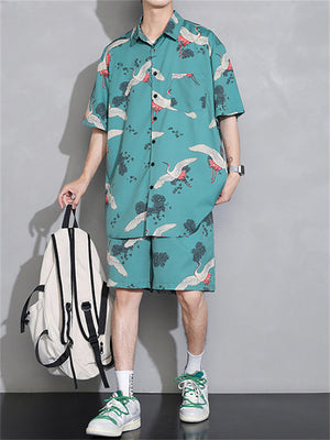 Men's Cool Streetwear Crane Print Short Sets