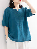 V-neck Embroidery Linen Shirts