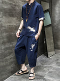 Stand Collar Cranes Embroidered Short Sleeve Sets