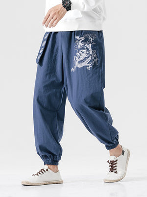 Embroidery Dragon Cotton Linen Harem Pants