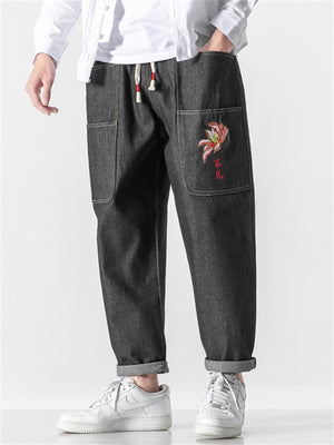 Men's Floral Embroidered Pocket Jeans