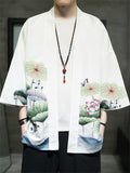 Men's Open Front Crane Flower Lotus Leaf Printed Shirts