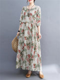 Women's Cute Floral Round Neck Cotton Linen Dresses