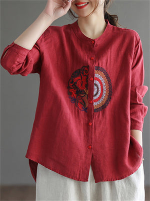 Women's Autumn New Cotton Linen Embroidered Loose Pretty Shirts