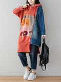 Patchwork Cat Printed Denim Hoodies