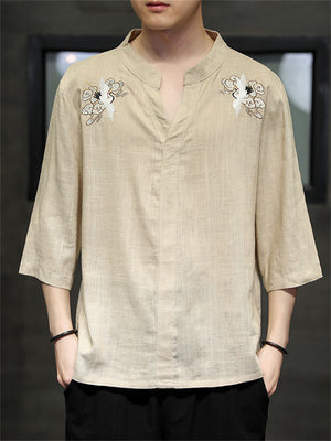 Chinese Style Crane Casual Half Sleeve Men's Shirts