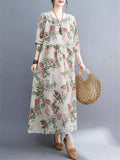 Women's Cute Floral Round Neck Cotton Linen Dresses