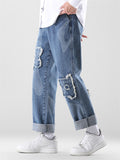 Stylish Embroidered Denim Long Pants With Pockets