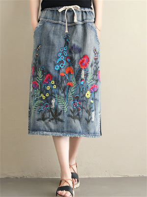 Women's Denim Embroidery Long Skirts