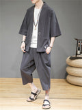 Cotton Linen 3/4 Sleeve Cropped Pants Male Outfits