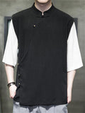 Fake Two Pieces Men's Splicing Half Sleeve Linen Shirt