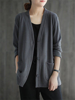 Solid Color V Neck Button Jackets For Lady