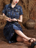 Lady Temperament Printed Lapel Metal Button Denim Dresses