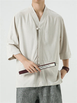 Men's Half Sleeve Knot Button Relaxed Plain Linen Shirt