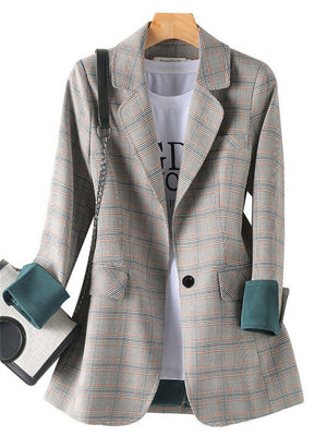 Fashion British Style One Button Plaid Blazers for Women