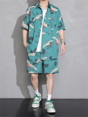 Men's Cool Streetwear Crane Print Short Sets