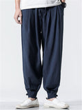 Solid Color Linen Ankle-Banded Pants