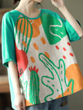 Summer Cute Cartoon Print Loose Round Neck T-shirt for Women