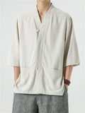 Men's Half Sleeve Knot Button Relaxed Plain Linen Shirt