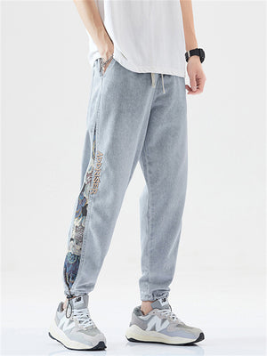 Retro Patchwork Leg Cuff Drawstring Jeans