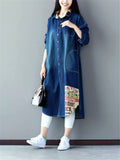 Retro Lapel Denim Long Jacket With Pocket